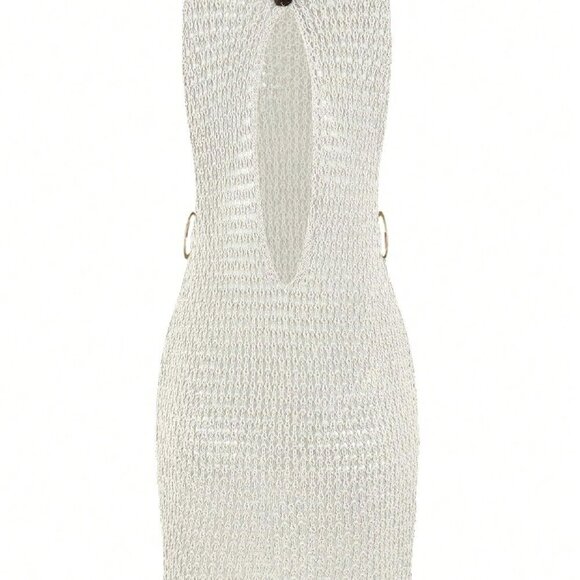 White Women's Sexy Backless Knit Mini Dress Cut Out Circle Beachwear - Picture 6 of 7